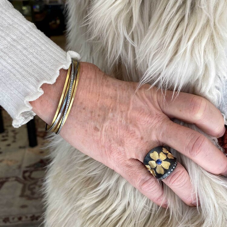 Alishan Three Sapphire, Gold, and Oxidized Sterling Silver Flower Ring
