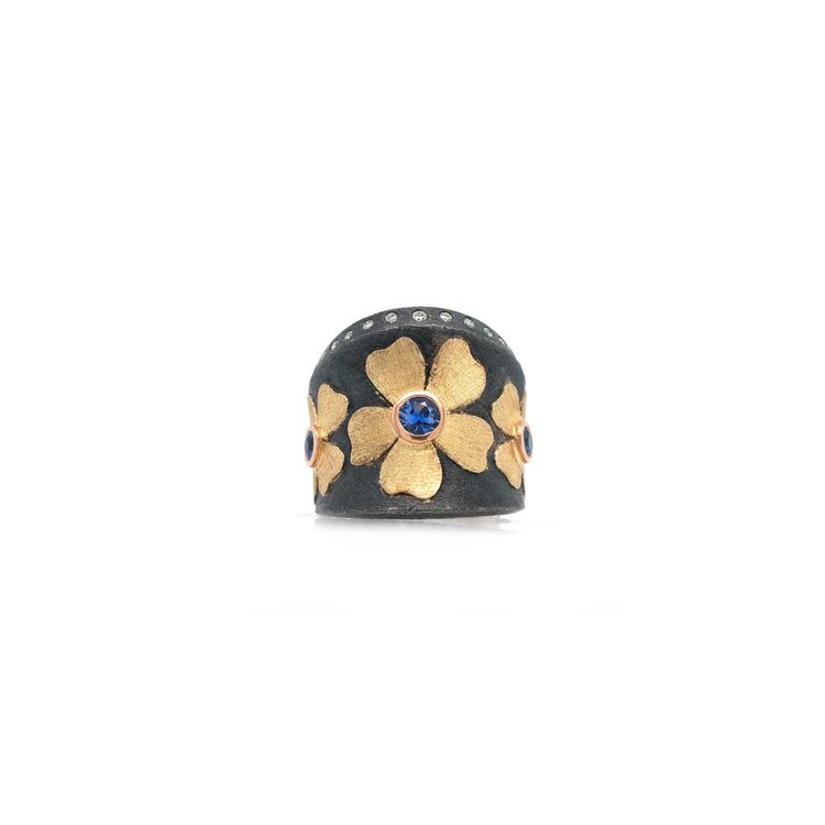 Alishan Three Sapphire, Gold, and Oxidized Sterling Silver Flower Ring