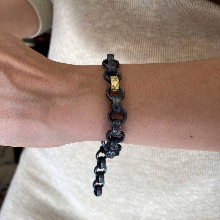 Alishan Gold and Oxidized Sterling Silver Wide Link Bracelet