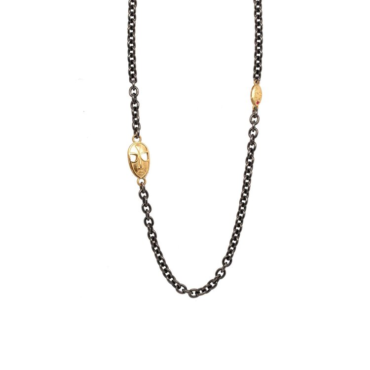 Alishan Oxidized Sterling Silver Cable Chain Necklace with Gold Mask