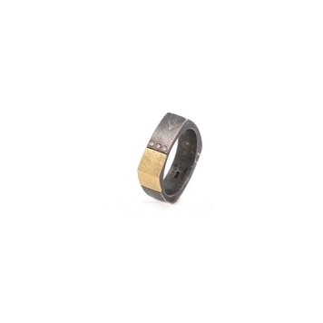 Alishan Gold, Three Diamond and Oxidized Sterling Silver Square Ring