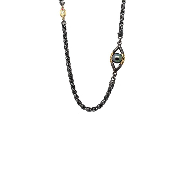 Alishan Tahitian Pearl, Gold and Oxidized Sterling Silver Necklace
