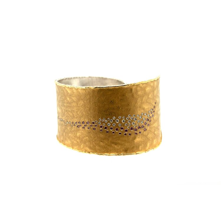 Banzhaf Studio Wide Textured 22k Gold and Sterling Silver Cuff with Rose and White Diamonds