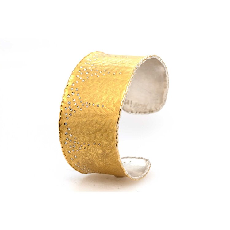 Banzhaf Studio Wide Textured 22k Gold and Sterling Silver Diamond Drip Cuff