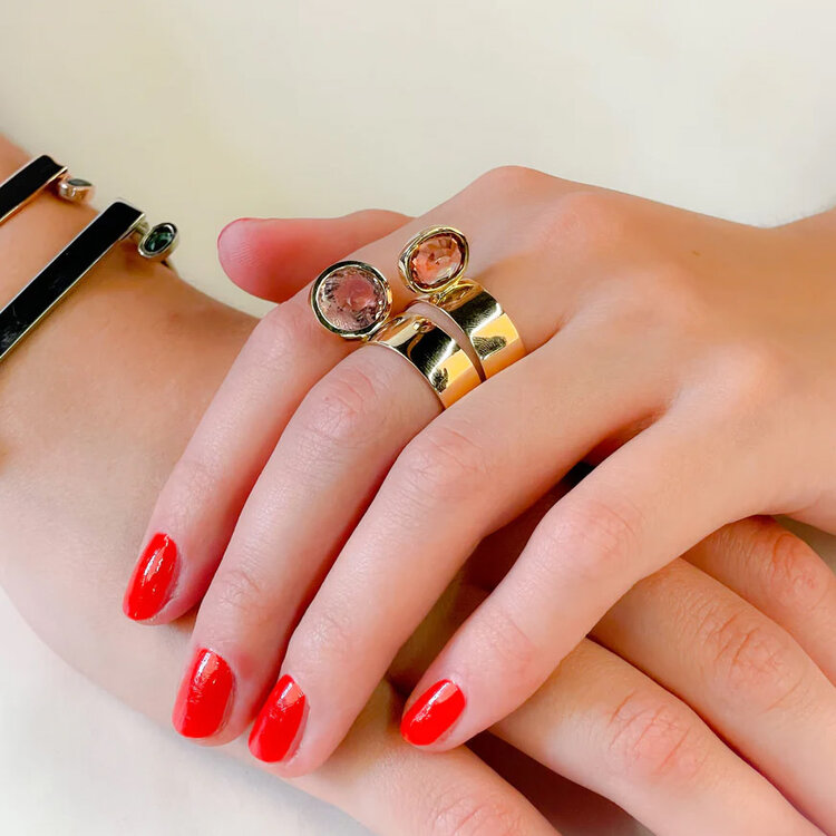 Leslie Paige Round Pink Tourmaline Yellow Gold Perched Ring