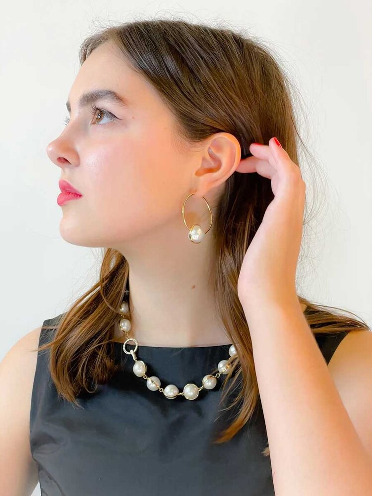 Leslie Paige Large Pearl Bezel Hoop Earrings