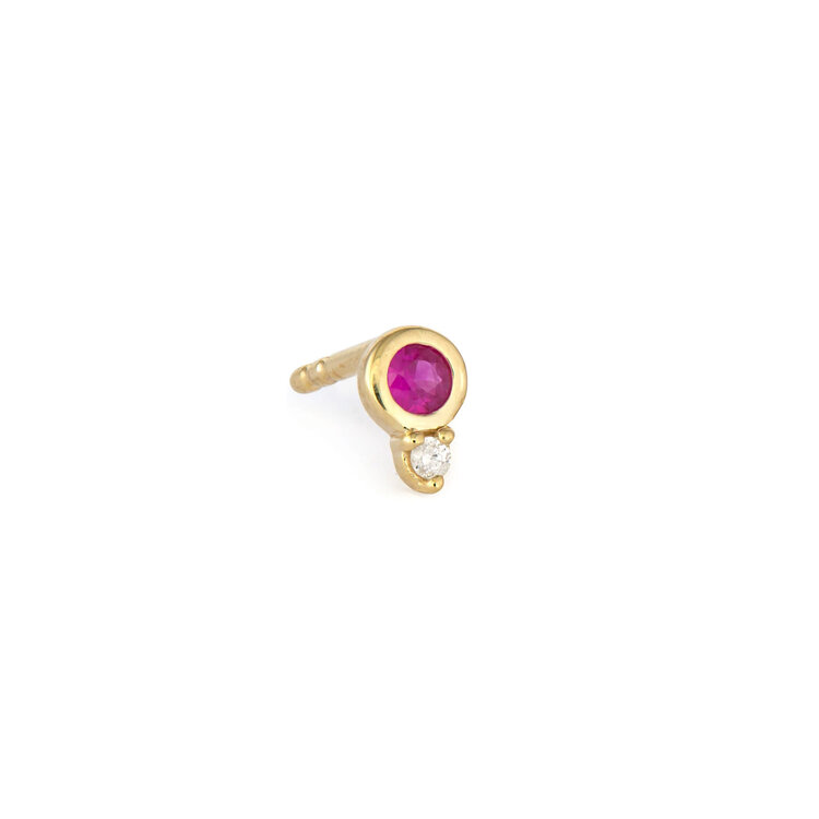 Three Stories Ruby and Diamond Round Stone Single Stud Earring