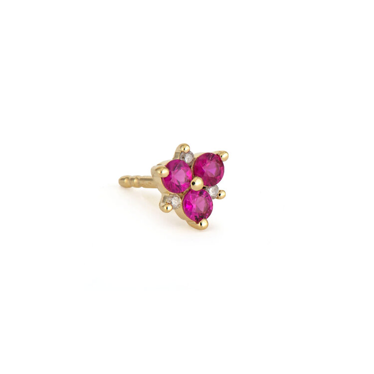 Three Stories Single Ruby Pave Flower Single Stud Earring