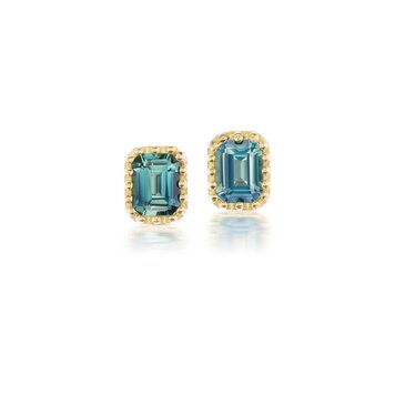 Dana Bronfman Tiny Emerald Cut Teal Sapphire Pronged Bezel Stud Earrings