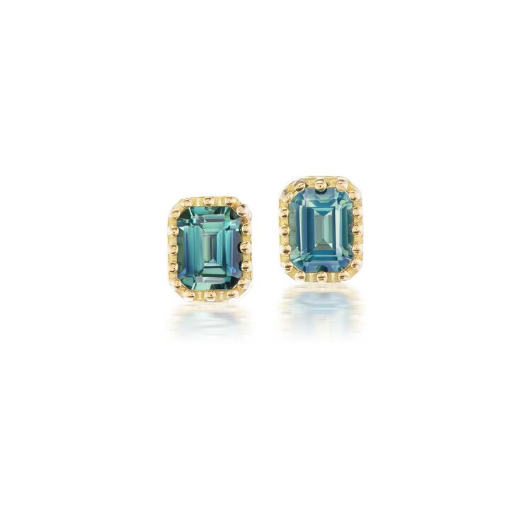 Dana Bronfman Tiny Emerald Cut Teal Sapphire Pronged Bezel Stud Earrings