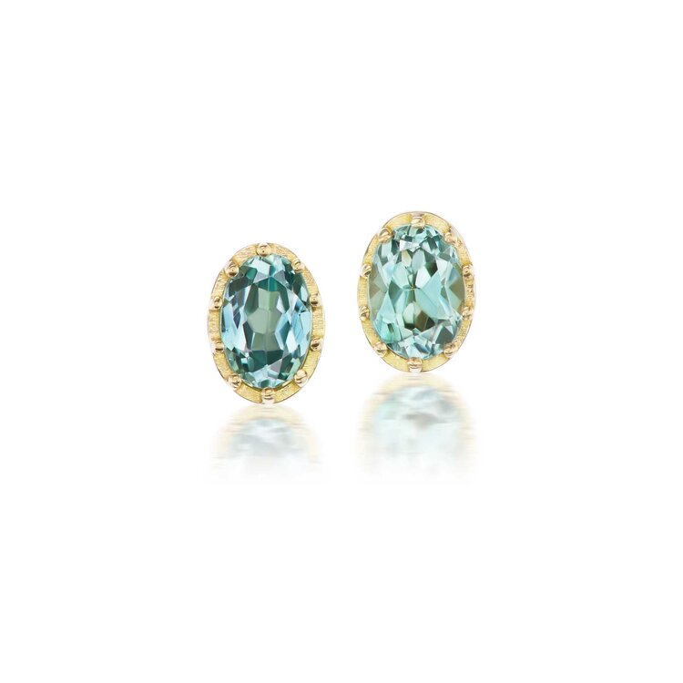 Dana Bronfman Tiny Oval Light Blue Sapphire Pronged Bezel Stud Earrings