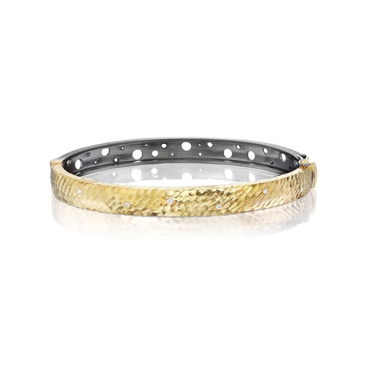 Dana Bronfman Sun and Shadow Concave Hammered and Rhodium-Plated Oculus Oval Hinged Bangle