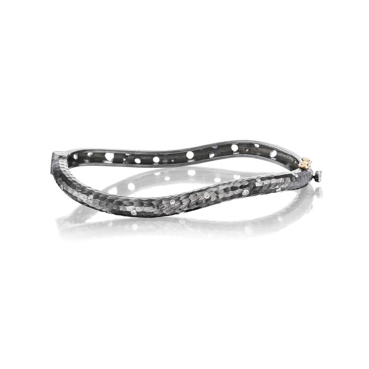 Dana Bronfman Concave Wavy Hammered Oval Hinged Bangle Rhodium-Plated