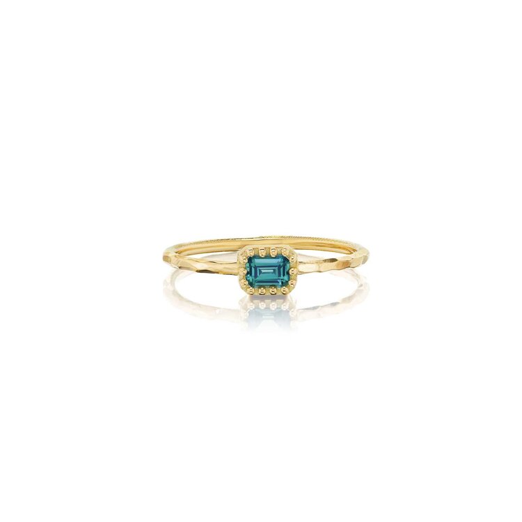 Dana Bronfman Dark Green Emerald Cut Sapphire Pronged Bezel Solitaire Ring
