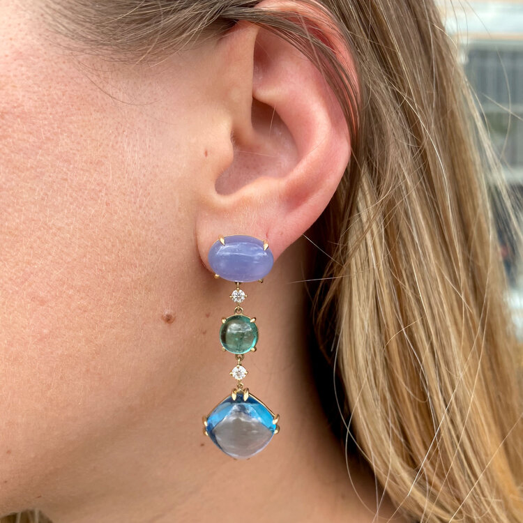M. Spalten OOAK Chalcedony, Lagoon Tourmaline, Blue Topaz, and Diamond Earrings