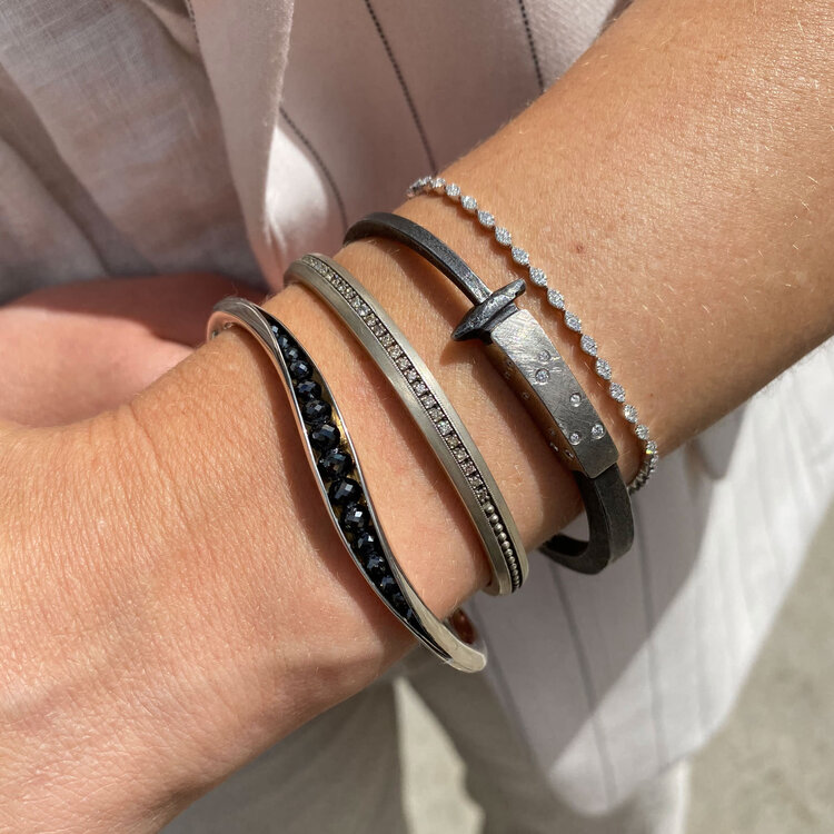 TBK Jewelry Silver Wave Cuff with Black Diamonds