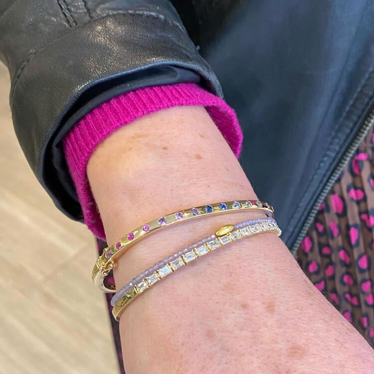 Three Stories Sparkling Sea Sapphire and Diamond Rectangular Bangle