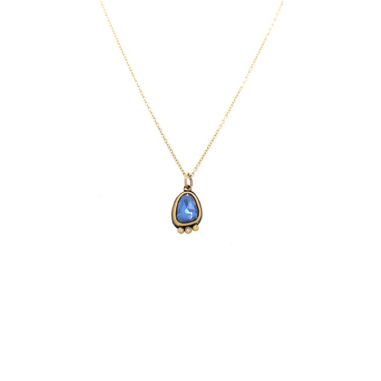 Ananda Khalsa Rosecut Blue Sapphire Necklace with Three Diamonds