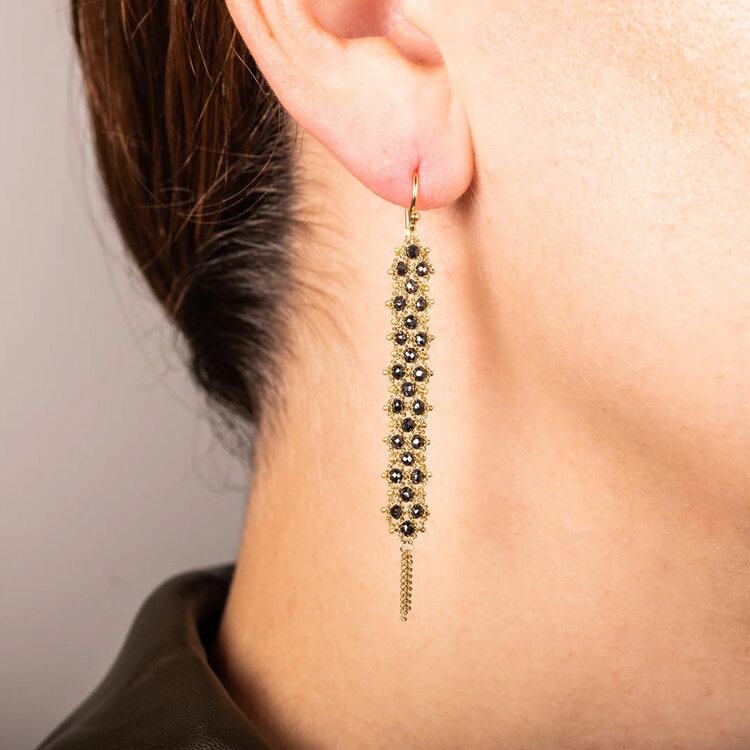Amali Long Textile Black Diamond Earrings