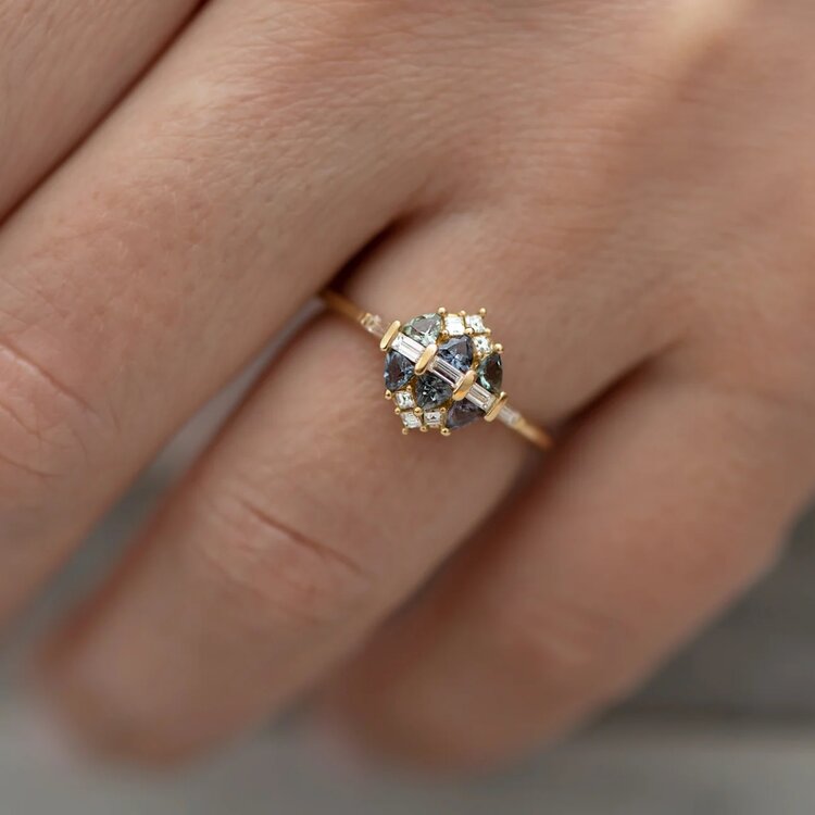 Artemer Teal Sapphire and Diamond Cluster Engagement Ring