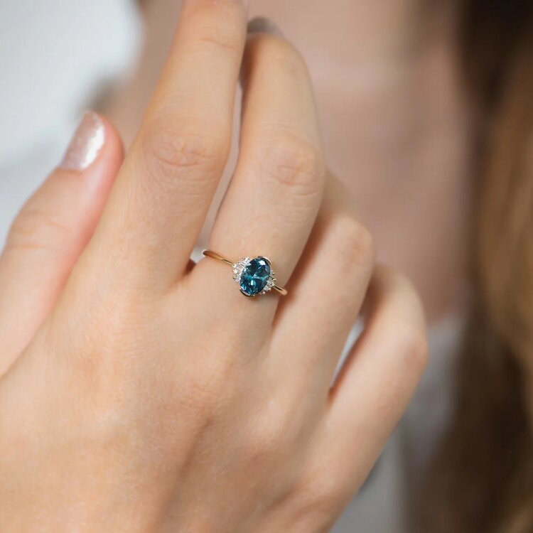 Artemer Oval Cut Teal Sapphire Engagement Ring with White Diamond Wings OOAK