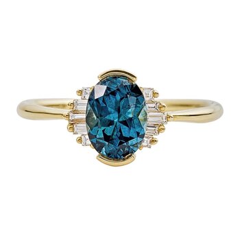 Artemer Oval Cut Teal Sapphire Engagement Ring with White Diamond Wings OOAK
