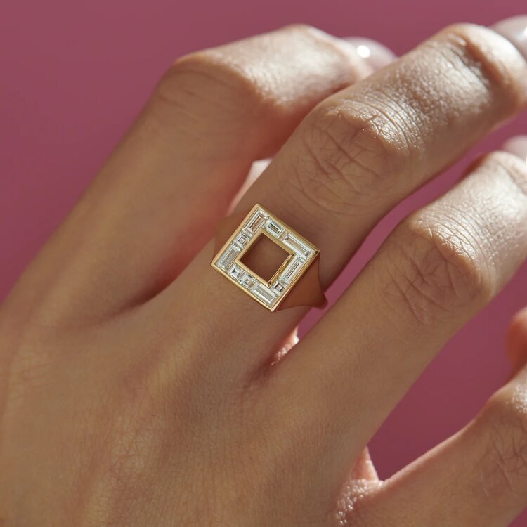 Artemer Geometric Baguette and Carre Diamond Signet Ring