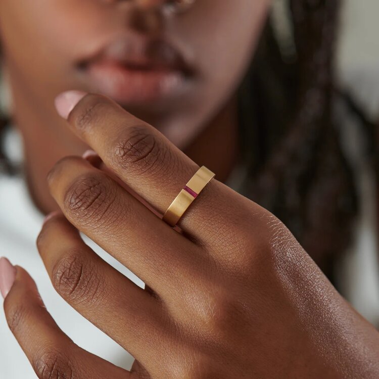 Artemer Ruby Baguette Unisex Matte Gold Wedding Band