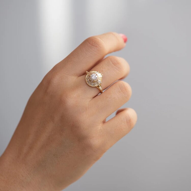 Artemer Diamond Halo Ring with Needle Cut Baguette and Heart Diamonds