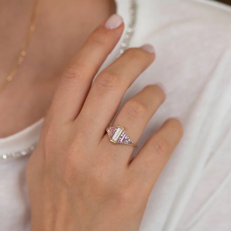 Artemer Purple and Lilac Sapphire Ring with Baguette Diamond