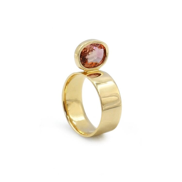 Leslie Paige Oval Pink Tourmaline Yellow Gold Perched Ring