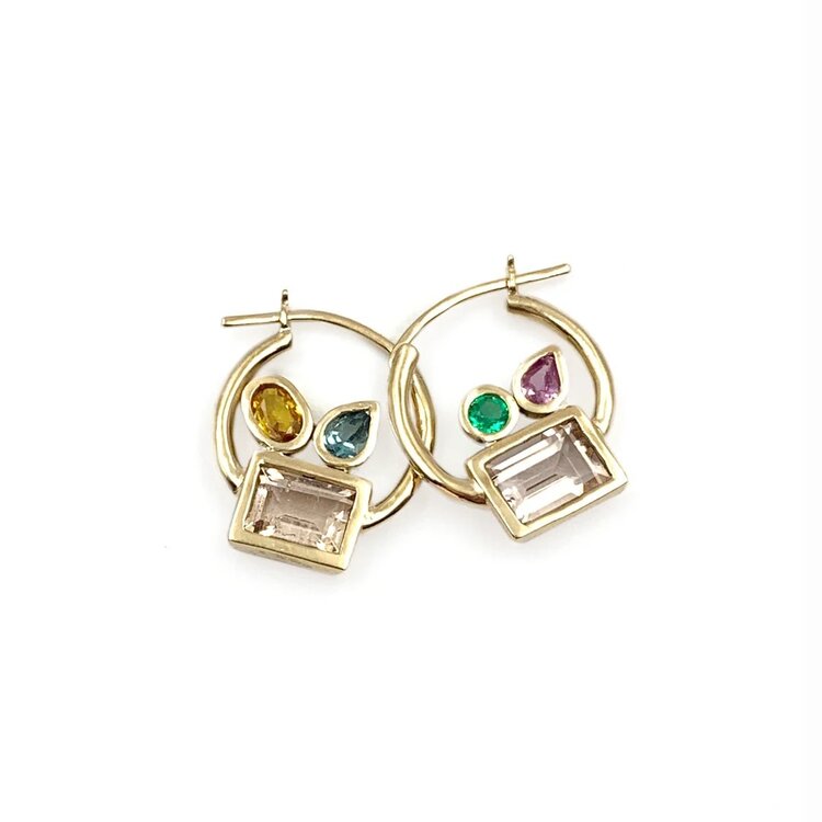 Leslie Paige Small Cluster Bezel Hoop Earrings with Morganite, Emerald and Sapphires