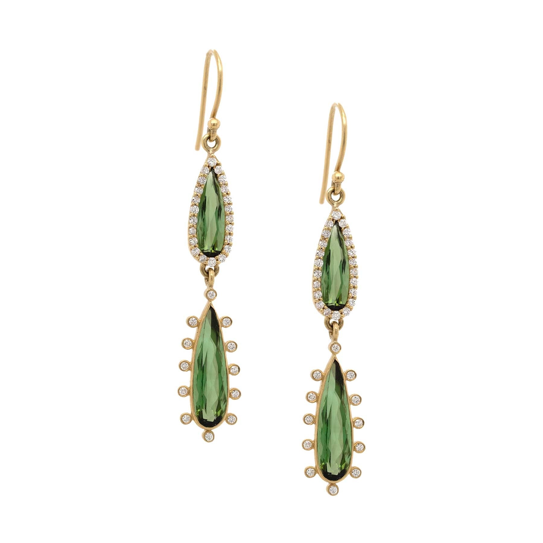 18k Wintergreen Tourmaline and Diamond Drop Earrings