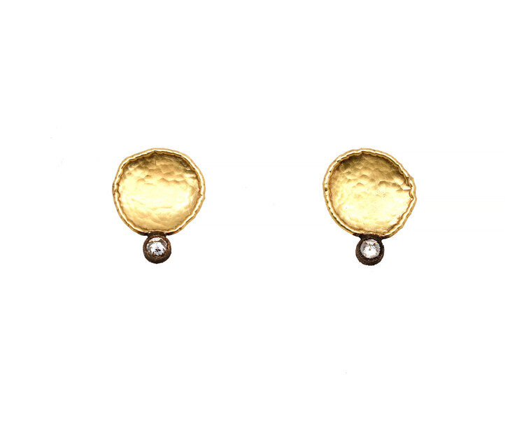 TAP Hammered Gold Irregular Disc Stud Earrings with Inverted Diamonds