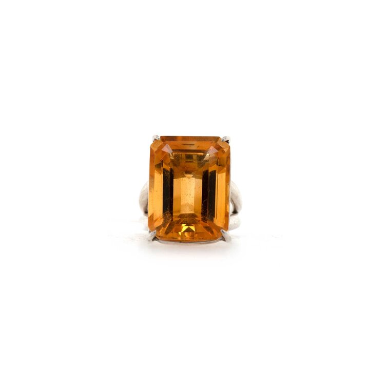 Vintage and Estate Sterling Silver and Emerald Cut Citrine Ring