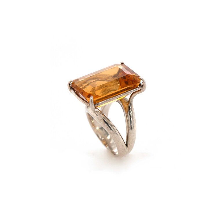 Vintage and Estate Sterling Silver and Emerald Cut Citrine Ring