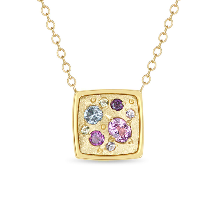 Miles McNeel Pink, Purple Sapphire and White Diamond Square Yellow Gold Necklace