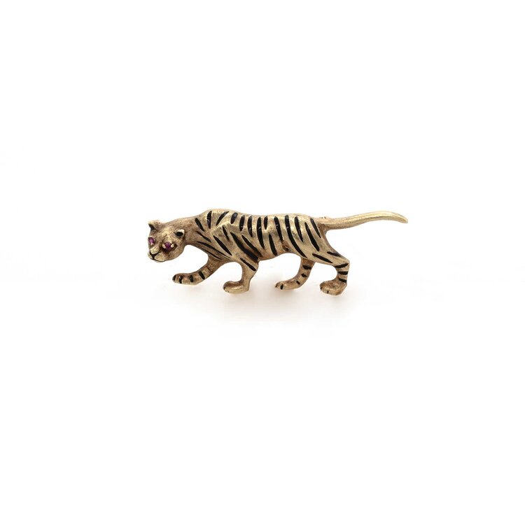 Vintage and Estate Ruby, Black Enamel and Gold Tiger Pin