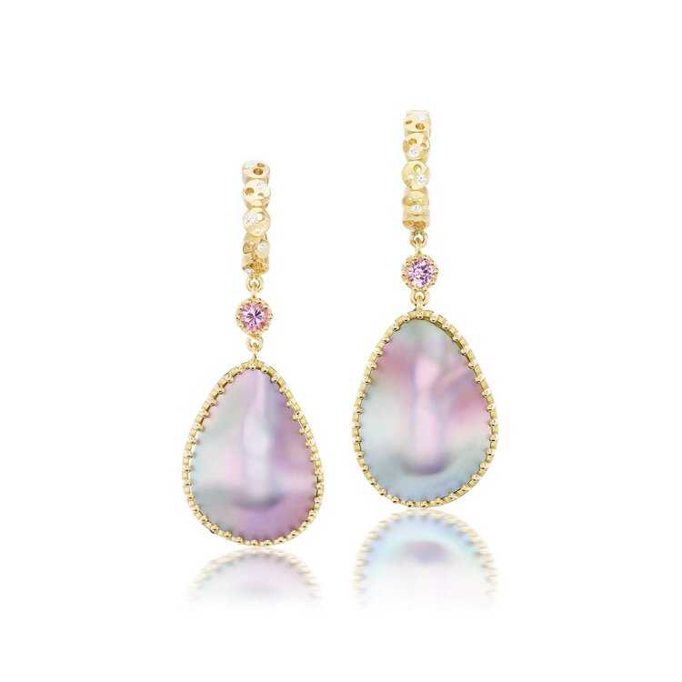 Dana Bronfman Oval Constellation Coin Huggie Drop Earrings with Mabe Sea of Cortez Pearls