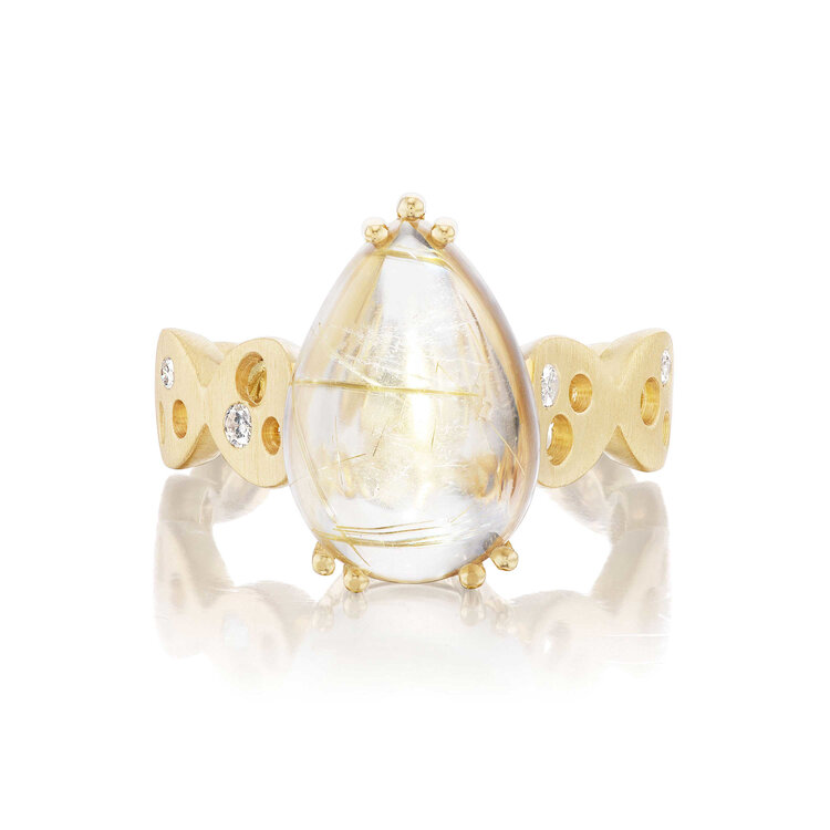 Dana Bronfman Sun, Moon, and Stars Solitaire Ring with Pear-Shaped Rutilated Quartz Cabochon