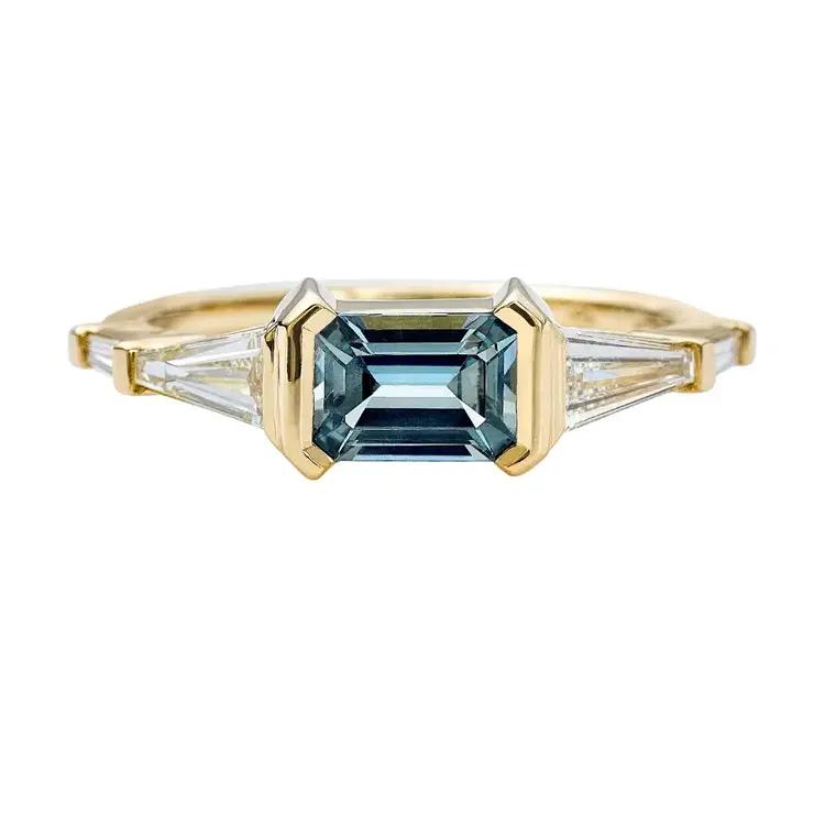 Artemer Mod Teal Sapphire and Tapered Baguette Diamond Engagement Ring - OOAK