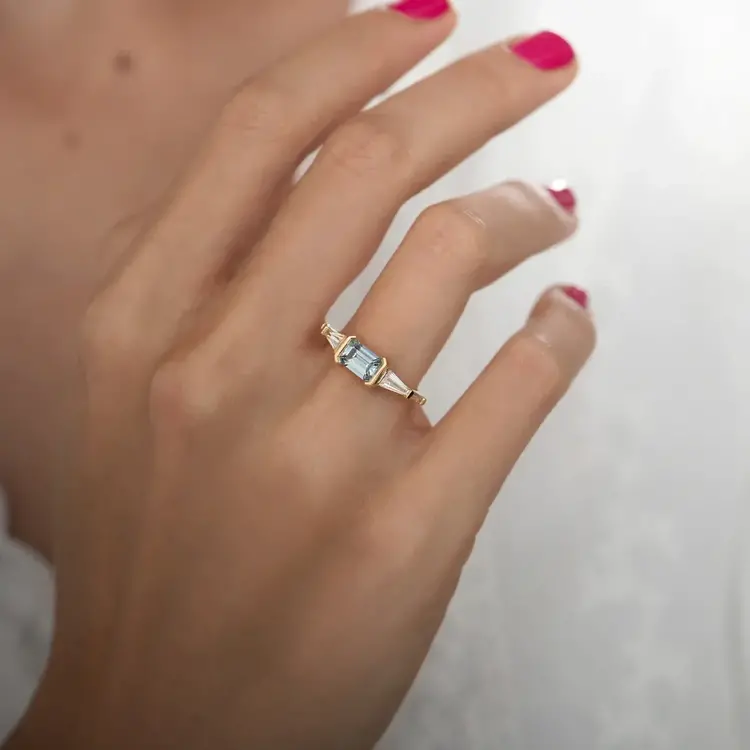 Artemer Mod Teal Sapphire and Tapered Baguette Diamond Engagement Ring - OOAK