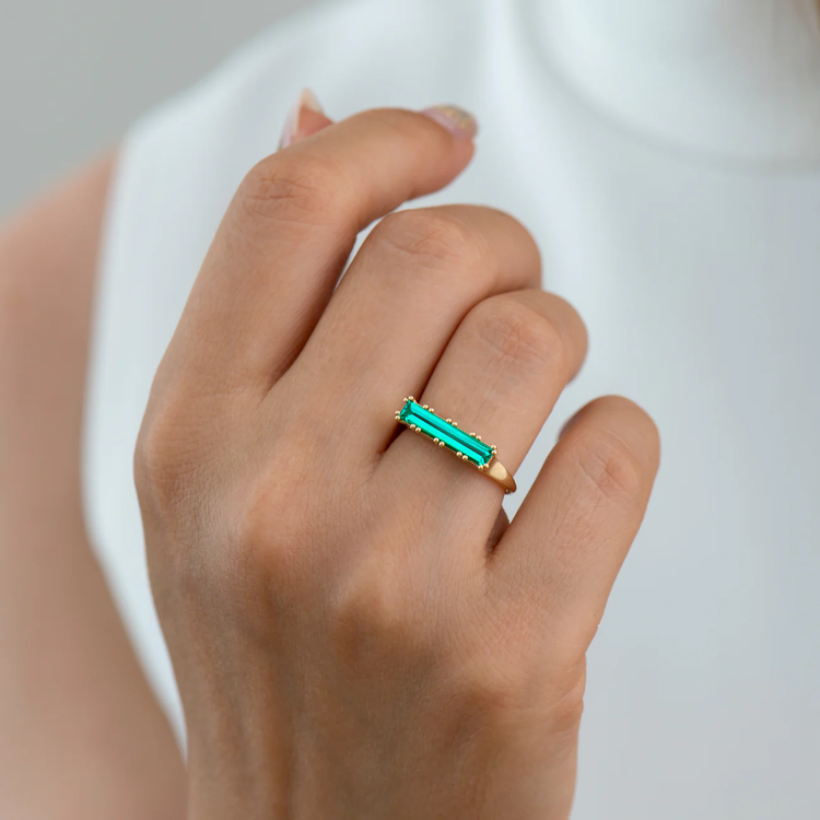 Artemer Lab-Grown Emerald Long Baguette Statement Ring