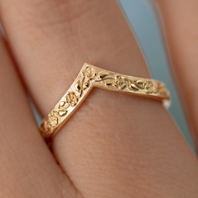 Artemer Embossed Roses on Gold Chevron Wedding Band