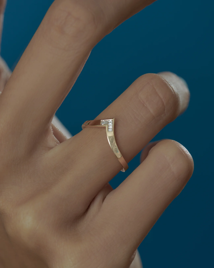 Artemer Gold Chevron Wedding Band with Baguette and Carre Diamonds