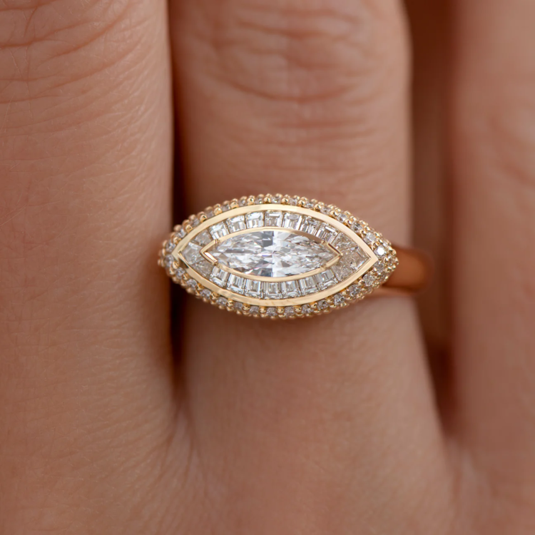 Artemer Navette Marquise Diamond Halo Ring with Pave Detailing