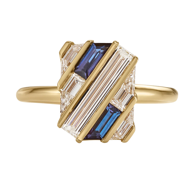 Artemer Quilted Lab Grown Diamond and Sapphire Gold Bar Engagement Ring