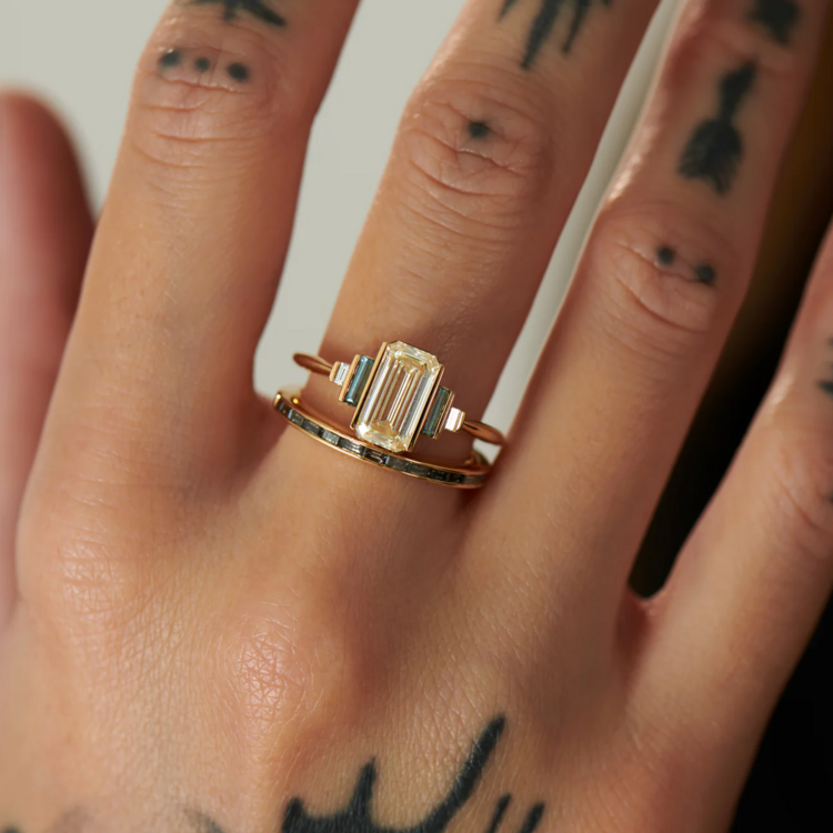 Artemer Teal Sapphire and Diamond Geometric Emerald Cut Engagement Ring