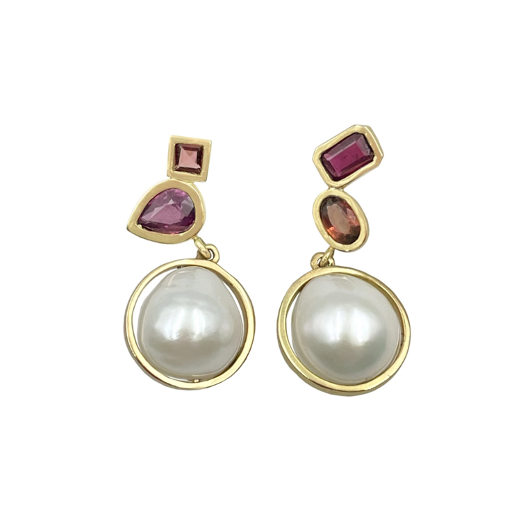 Leslie Paige Garnet Two Bezel Cluster Drop Earrings with Pearls