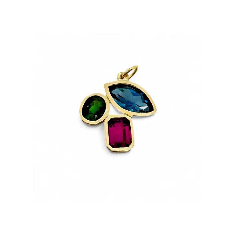 Leslie Paige Three Stone Mixed Gemstone Charm Small with London Blue Topaz, Green Tourmaline, and Rhodolite Garnet